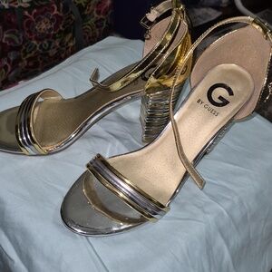 G by GUESS Metallic Gold Strappy Block Heel Sandals
